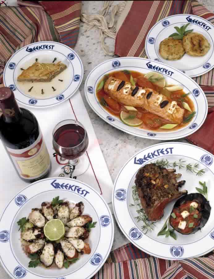 Clockwise from top-left: Baklava, Salmon Chios, Potatokeftethes, Rack of Lamb, Oktapodi