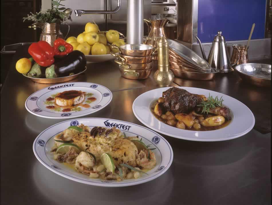 Clockwise from top: Rizogalo (rice pudding), Kudonato (lamb shank with caramelized quince), and Chilean Seabass
